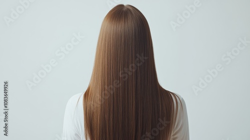 Beautiful model girl with Brown hair strand,silky healthy chestnut wavy hair strand,hair wavy ribbon, with smooth,Keratin straightening,Treatment,straight long hair,procedures,Smooth hairstyle. photo