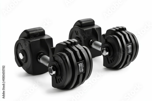 Two black adjustable dumbbells on white background. photo