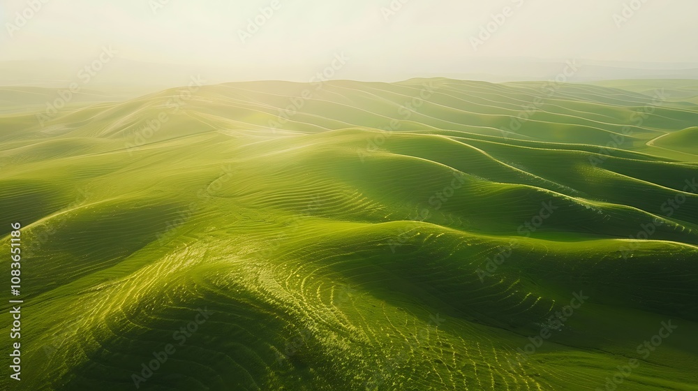 Obraz premium Aerial view of lush green rolling hills under soft sunlight, showcasing the beauty of nature.