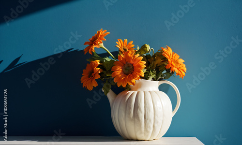 Decorative Use, Vibrant Orange Marigolds in White Vase with Pumpkins, Autumnal Arrangement, Home Decor, Festive Fall Theme, Sunlit Interior