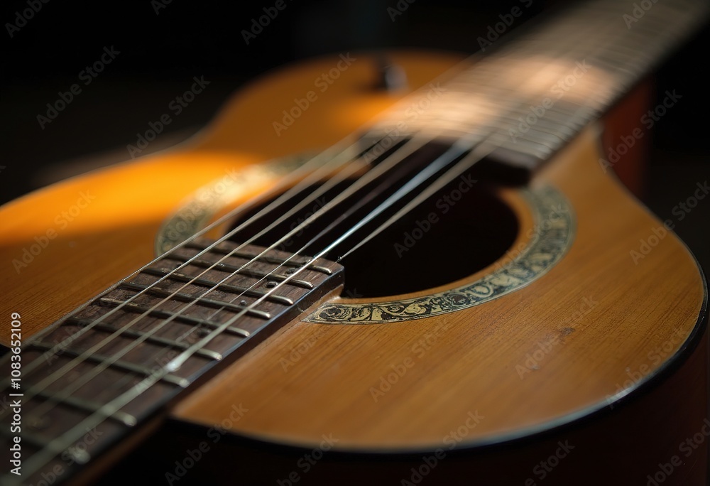 Obraz premium A close-up view of an acoustic guitar with its strings and fretboard visible in the dark