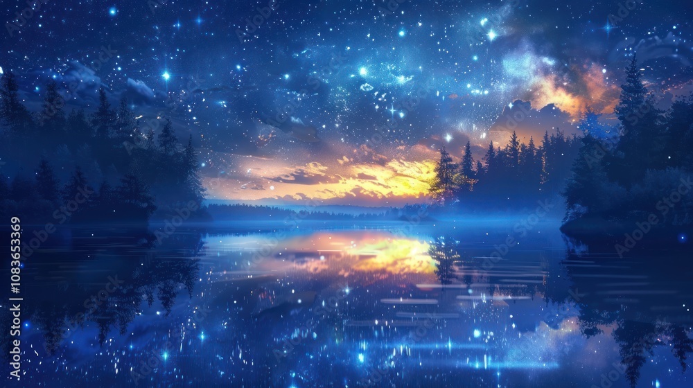 Obraz premium A tranquil lake reflecting a starry night sky above a forest.