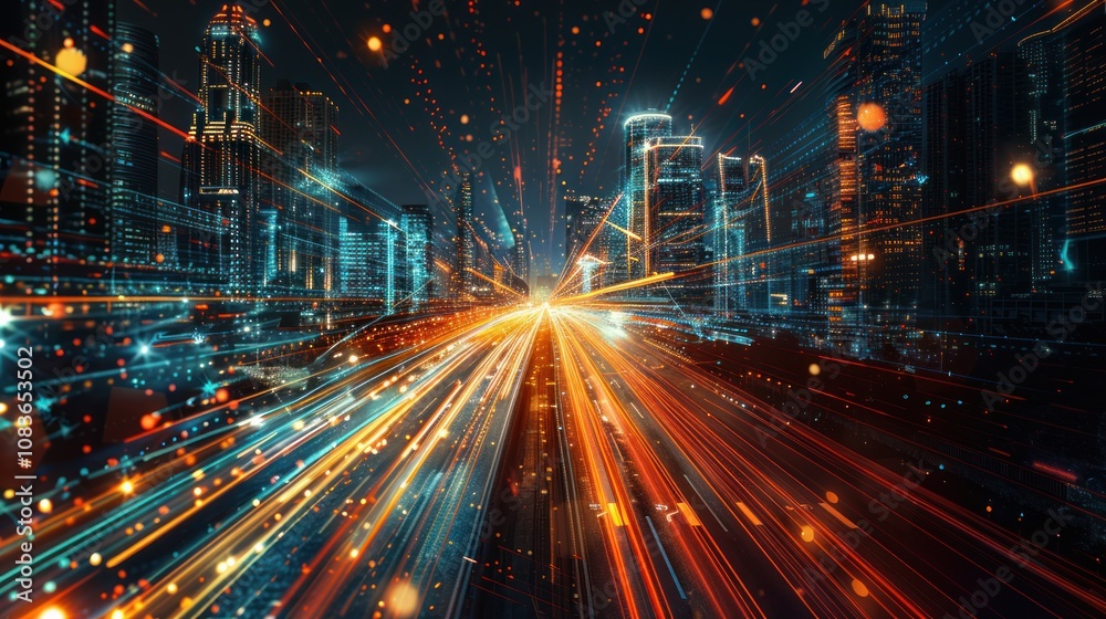 Fototapeta premium Futuristic city night highway with light trails.