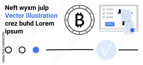 Bitcoin symbol, checklist with payment button, and interactive design elements. Ideal for cryptocurrency, finance, blockchain, digital transactions, fintech, online payments, modern web design