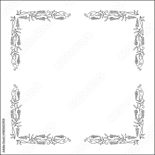 Decorative frame, vegetal ornamental frame with flowers, decorative border, corners for greeting cards, banners, business cards, invitations. Black and white. Isolated vector illustration.