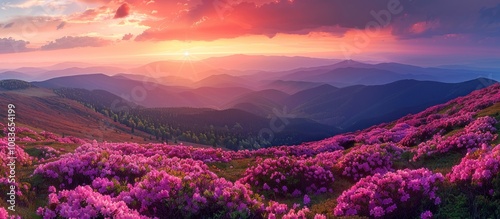 ajestic sunrise over the Carpathian Mountains, with pink rhodendron flowers blooming in large numbers on rolling hills. photo