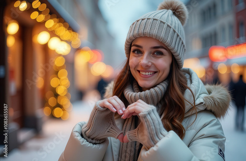 the girl shows a heart with her palms. portrait of a beautiful girl on the street in winter photo