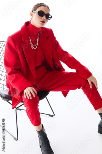 Fashion woman in trendy red outfit. photo