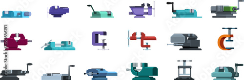 Machine vice icons set. Collection of bench vises in various shapes, sizes, and colors, showcasing their utility in gripping objects securely for different tasks