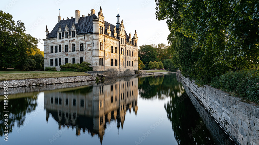 Fototapeta premium Historic Egeskov Castle Surrounded by Moat, Denmark 