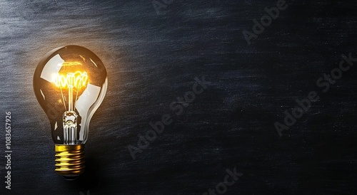 Light bulb glowing on a black background with copy space