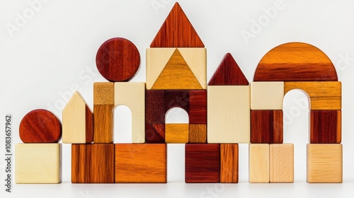 Wooden building blocks in various shapes and colors on white isolate background. photo