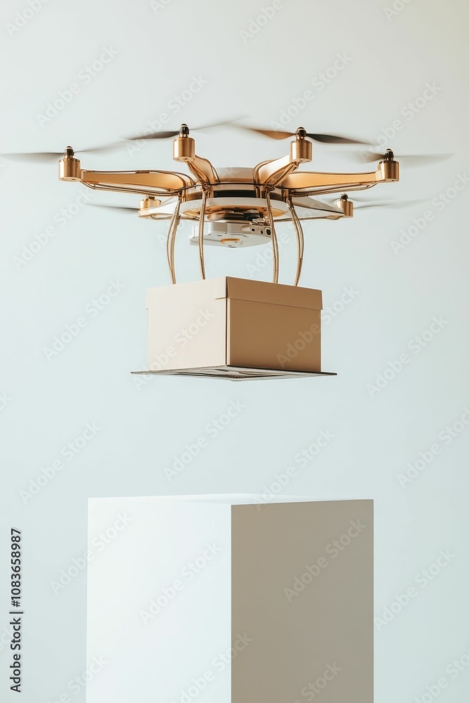 Obraz premium Drone delivering package to white platform.