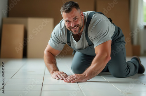 male builder carrying out repair work in a house. electrical, tile replacement, window replacement, floor filling photo