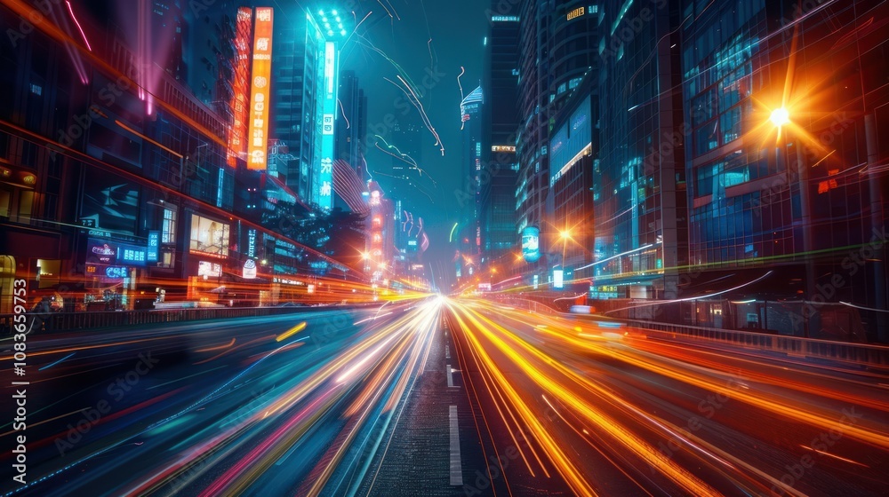 Obraz premium Night city highway, vibrant light trails.
