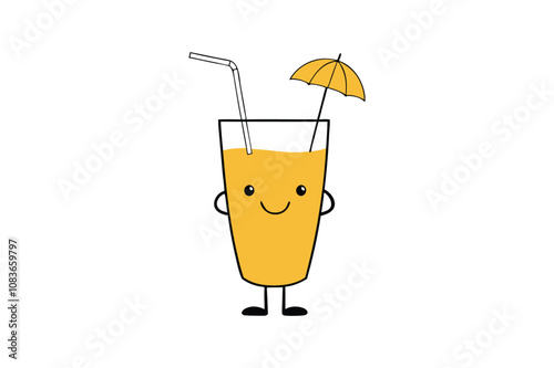 Cartoon Juice Glass with Umbrella Illustration, glass of orange juice with white background