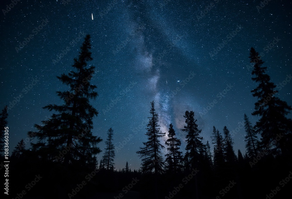 Fototapeta premium Silhouetted pine trees against a night sky filled with stars and the Milky Way galaxy