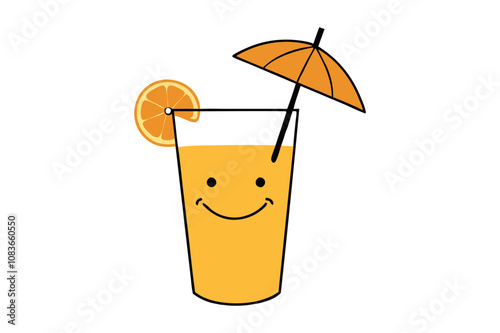 Cartoon Juice Glass with Umbrella Illustration, glass of orange juice with white background