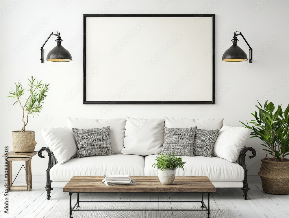 Naklejka premium Modern living room with a white sofa and wooden coffee table.