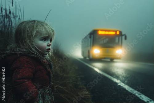 An unattended child approached busy road in  evening with low visibility. photo