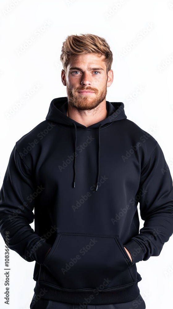 Obraz premium Stylish Young Man in Black Hoodie on White Background