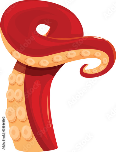 Cartoon illustration of a red octopus tentacle curling upwards, showing suction cups on its underside