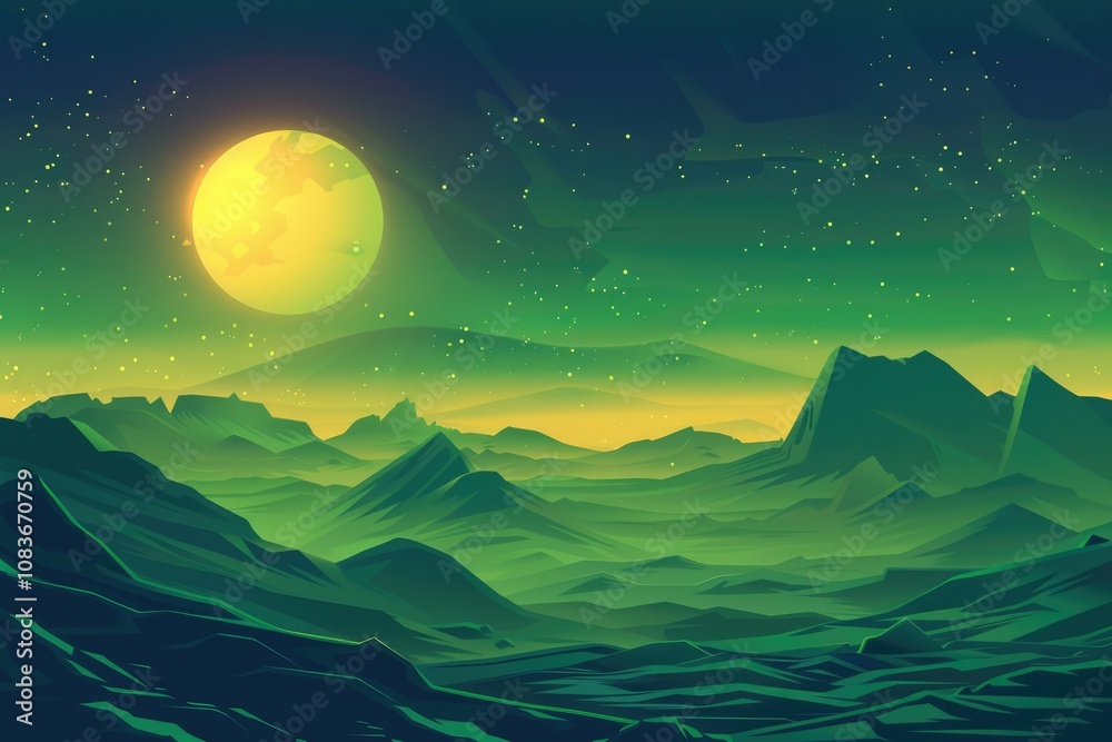 Obraz premium A yellow moon shines over a green, low-poly mountain range