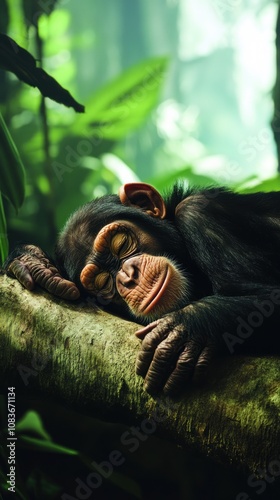 A peaceful chimpanzee sleeping on a branch in a lush, green forest.