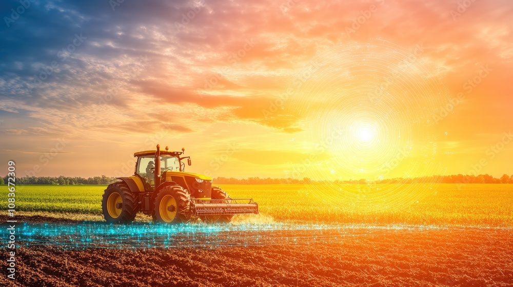 Fototapeta premium Tractor Working in Golden Sunset on Agricultural Field with Technology Elements, Symbolizing Modern Farming and Sustainable Agriculture Practices