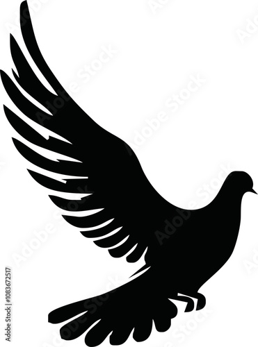 Dove icon. Black silhouette of a dove in flight carrying an olive branch on a white background. Peace symbol. Religious icon. Vector illustration.