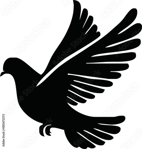 Dove icon. Black silhouette of a dove in flight carrying an olive branch on a white background. Peace symbol. Religious icon. Vector illustration.