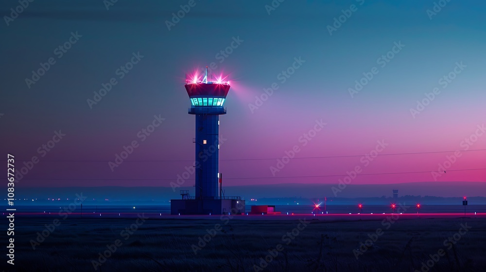 Naklejka premium A modern air traffic control tower illuminated at dusk, overseeing airport operations.