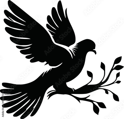 Dove icon. Black silhouette of a dove in flight carrying an olive branch on a white background. Peace symbol. Religious icon. Vector illustration.