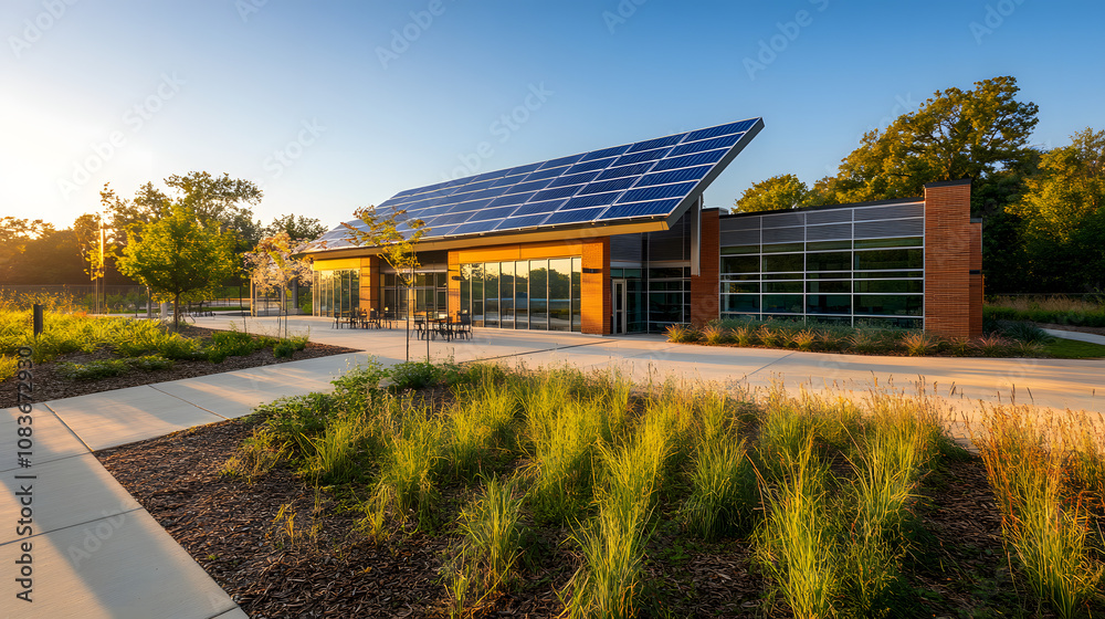 Obraz premium A solar-powered educational center focused on renewable energy, where solar panels power classrooms and learning materials to promote environmental education and sustainability.