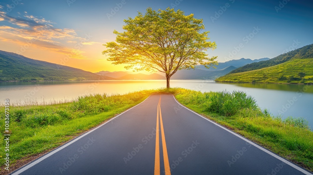 Fototapeta premium Serene Landscape with a Tree by a Calm Lake at Sunrise, Featuring a Scenic Road Surrounded by Lush Greenery and Majestic Mountains in the Background