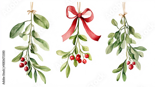 Watercolor Illustration of Mistletoe with Red Berries and Festive Ribbons on white background photo