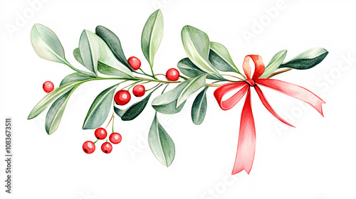 Watercolor Illustration of Mistletoe with Red Berries and Festive Ribbons on white background photo