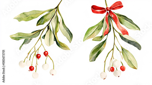 Watercolor Illustration of Mistletoe with Red Berries and Festive Ribbons on white background photo