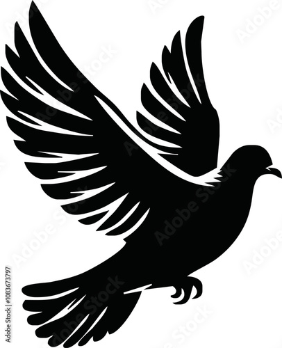 Dove icon. Black silhouette of a dove in flight carrying an olive branch on a white background. Peace symbol. Religious icon. Vector illustration.