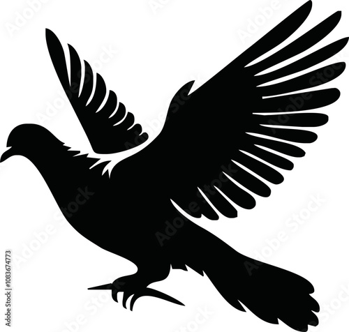 Dove icon. Black silhouette of a dove in flight carrying an olive branch on a white background. Peace symbol. Religious icon. Vector illustration.