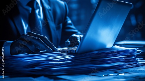 Businessman working late at night with a stack of paperwork and a laptop. photo