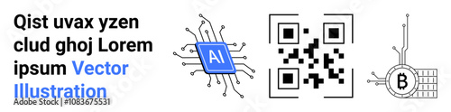 AI chip with circuits, QR code, and bitcoin blockchain symbol. Ideal for technology, cryptocurrency, finance, blockchain education, data security, software, fintech. Landing page