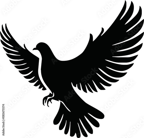 Dove icon. Black silhouette of a dove in flight carrying an olive branch on a white background. Peace symbol. Religious icon. Vector illustration.