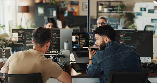 Man, developer and help with coding on computer screen in office for testing web application or troubleshooting. Programming, staff and employee with advice on developing software solution at startup photo
