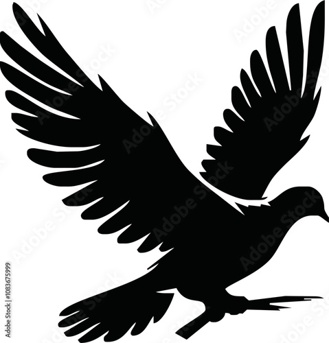 Dove icon. Black silhouette of a dove in flight carrying an olive branch on a white background. Peace symbol. Religious icon. Vector illustration.