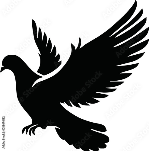 Dove icon. Black silhouette of a dove in flight carrying an olive branch on a white background. Peace symbol. Religious icon. Vector illustration.