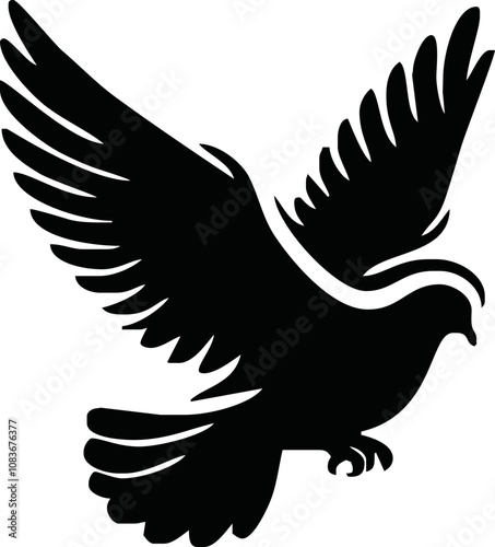 Dove icon. Black silhouette of a dove in flight carrying an olive branch on a white background. Peace symbol. Religious icon. Vector illustration.