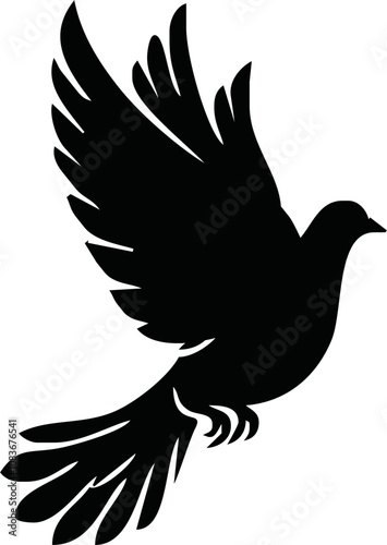 Dove icon. Black silhouette of a dove in flight carrying an olive branch on a white background. Peace symbol. Religious icon. Vector illustration.