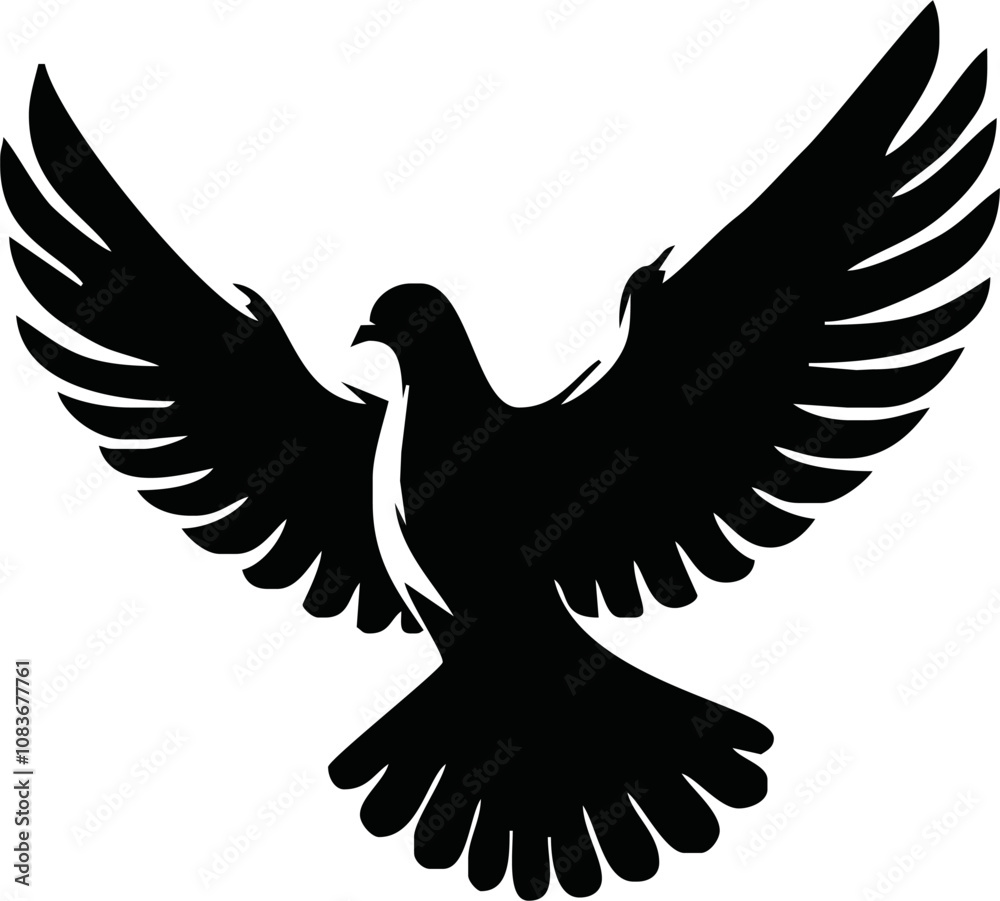 Fototapeta premium Dove icon. Black silhouette of a dove in flight carrying an olive branch on a white background. Peace symbol. Religious icon. Vector illustration.