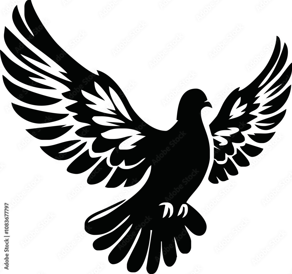 Fototapeta premium Dove icon. Black silhouette of a dove in flight carrying an olive branch on a white background. Peace symbol. Religious icon. Vector illustration.